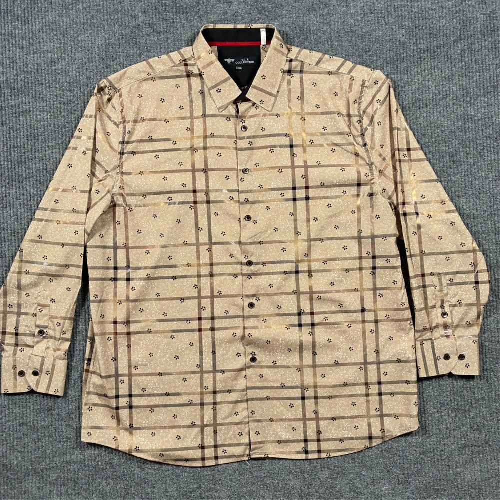 VIP Collection Button Up Shirt Mens Size‎ 3XL Beige Plaid Long Sleeve Casual